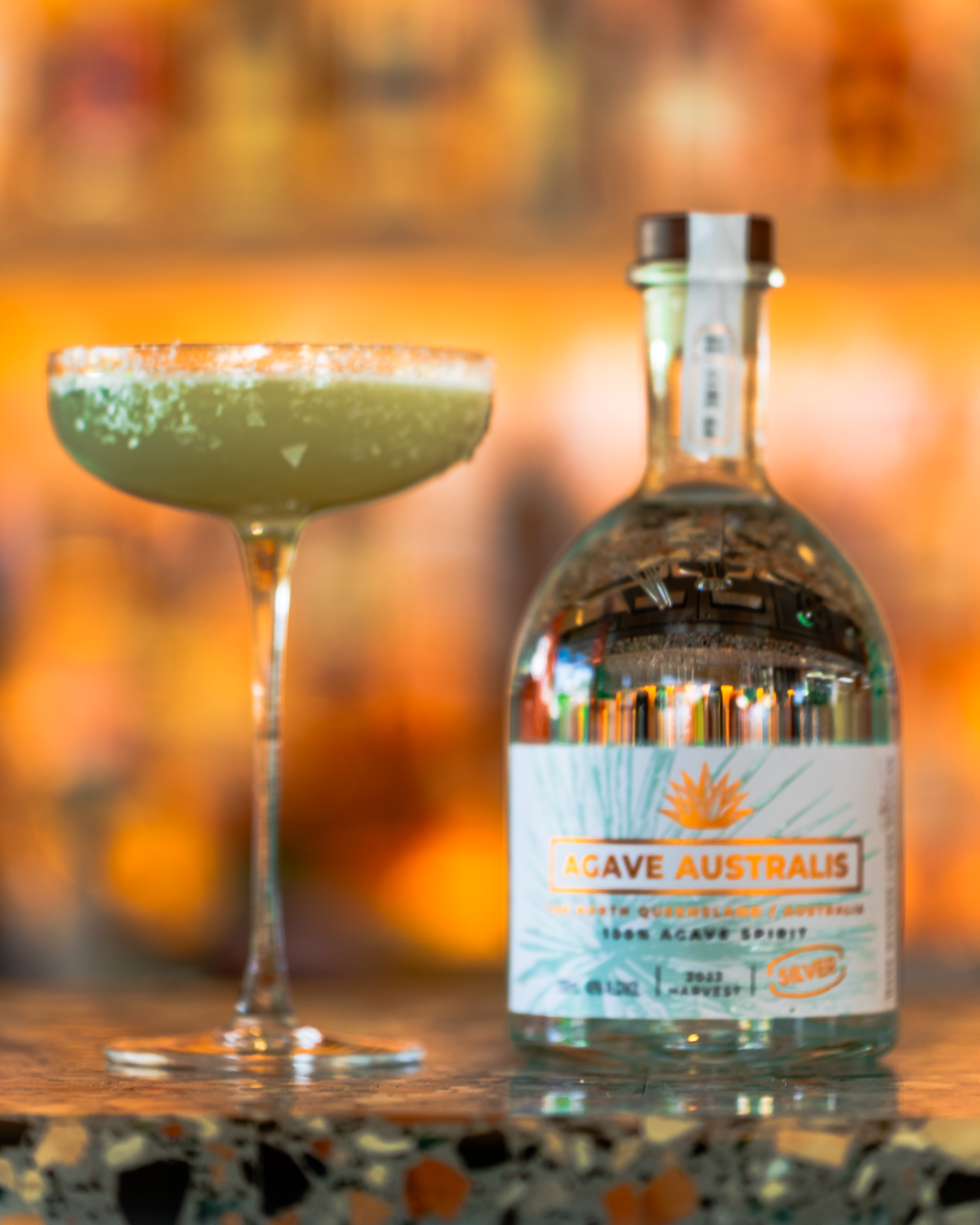 A Margarita made with Agave Australis Silver on the bar at Mt Uncle Distillery