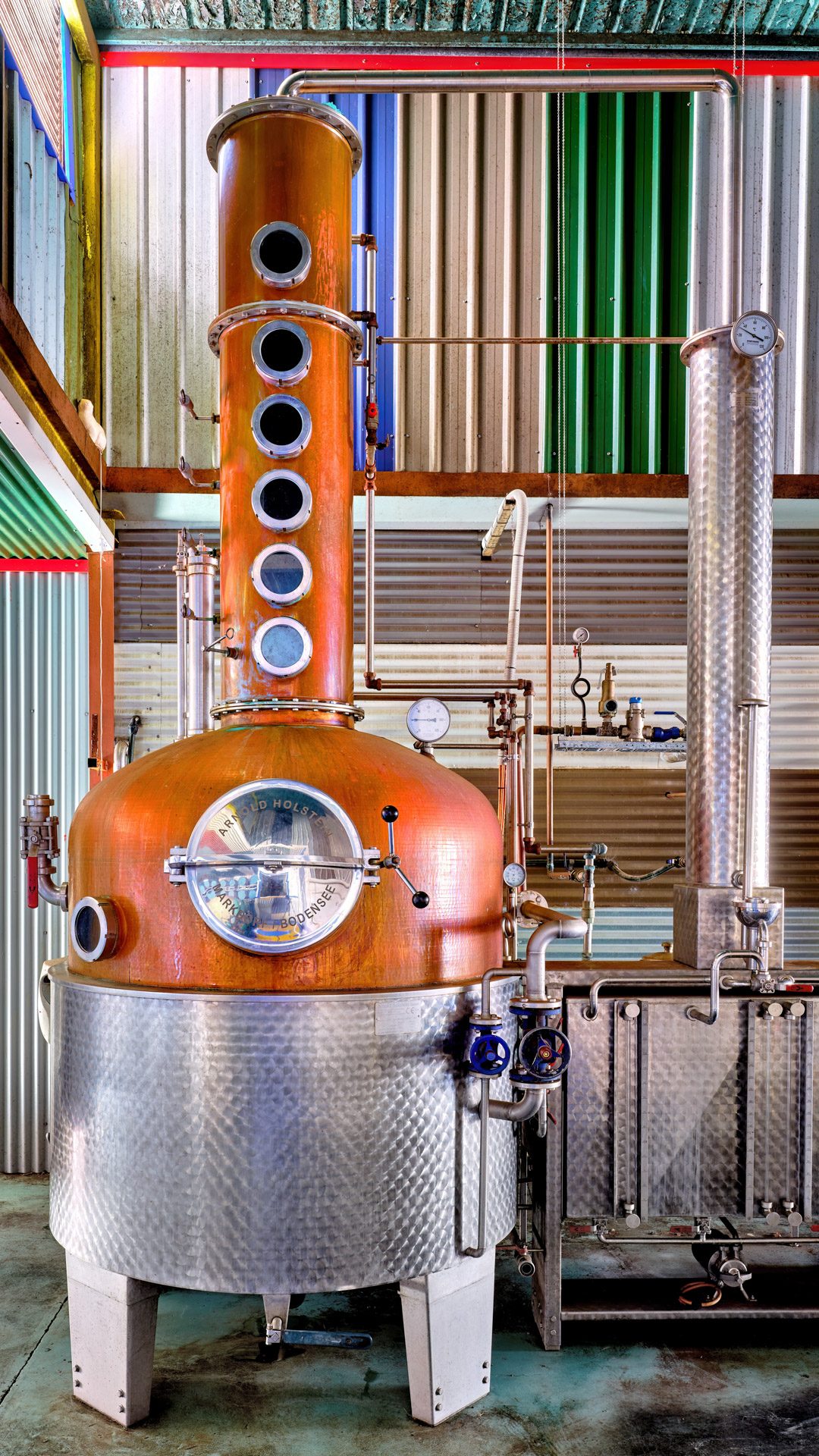 The copper pot still and its swan neck in the still house